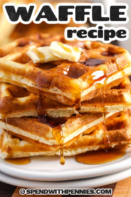 Look no further for the best waffle recipe for Belgian waffles. They’re light, crispy, and easy to make! Just mix flour, eggs, butter, and vanilla, and let your waffle iron do the magic. Try them with fried chicken for a delicious menu addition, or make pancakes with the same batter. Your house guests will love this homemade treat, whether for breakfast, dinner, or even dessert. #spendwithpennies Waffle Recipe shown plated with syrup and a title
