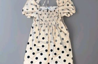 River Island Dress Plus Size 22 Ivory Black Polka Dot Smocked Puff Sleeve