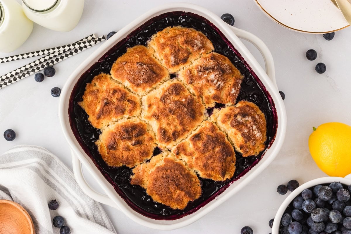 Golden brown gluten-free blueberry cobbler fresh from the oven with bubbly edges and a crisp sugar topping.
