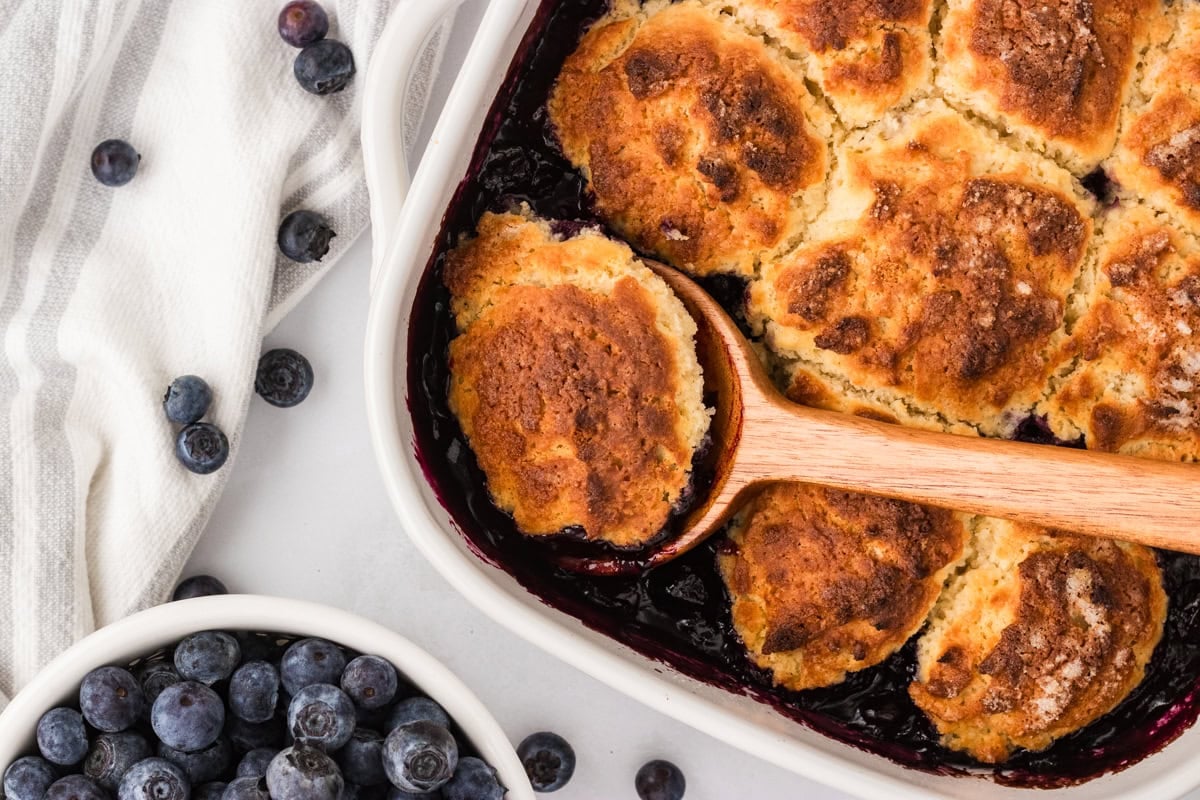 Close-up of gluten-free blueberry cobbler being scooped from a white baking dish with a wooden spoon, showing golden topping and juicy blueberry filling.