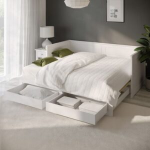 Single Wooden Day Bed with Trundle and Storage in White – Lincoln LNC001