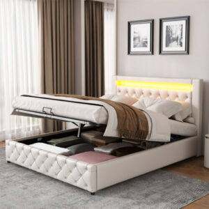 LED Bed Frame Faux Leather Gas Lift Up Ottoman Storage Bed 4ft6 Double Bed White