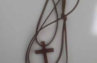 Necklace cross pendant, wooden, faux artificial leather.
