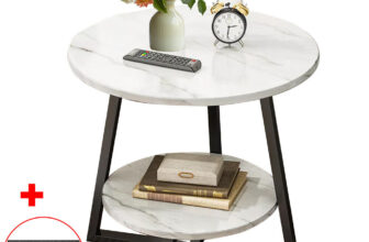 Round 2 Tier Coffee Table Side Table White Marble Effect End Table Living Room