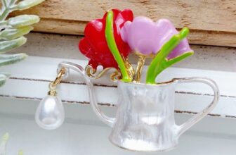 Tulip Flower Brooch Vintage Art Deco Look Enamel Watering Can Pin Jewellery Gift