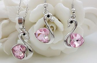 Pink Blue Rhinestones Swan Silver Necklace And Earrings Set Costume Jewellery