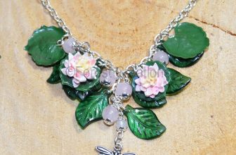 Lily Pond Necklace, with Lily Pads, Water Lilies, Dragonflies and Rose Quartz