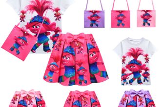 Girls Trolls Poppy T-Shirt Tops Pleated Skirt Outfit Kids Party Fancy Dress UK