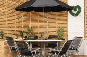6 Person Garden Furniture Patio Set Table, 6 Chairs & Parasol with Black Glass