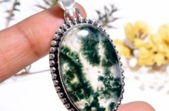 Moss Agate Vintage Handmade Jewelry.925 Silver Plated Pendant 1.9″ act-6525