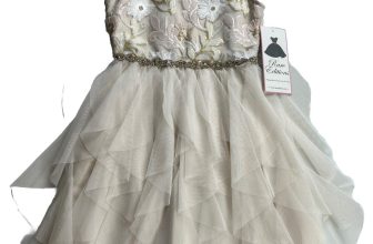 Rare Editions Big Girls Lace Taupe Rhinestones Ruffle Trim Dress Size 8 NWT $84