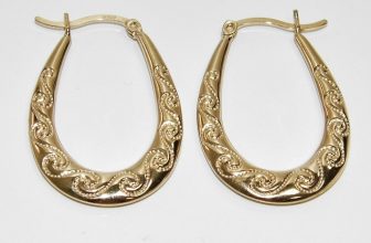 9CT YELLOW GOLD & SILVER LADIES PATTERNED OVAL CREOLE HOOP EARRINGS