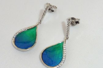 Ladies Hand Made Green & Blue Enamel Solid Sterling 925 Silver Sapphire Earrings