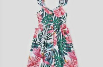 size 2y to 8-9 years new girls dress pink tropical flower & green palm dress