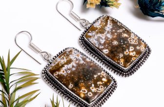Ocean Jasper Gemstone Vintage Handmade Jewelry.925 Silver Earrings 1.9″ GSR11560