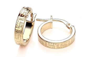 9ct Yellow Gold on Silver Greek Key Hoop Huggie Creole Earrings – 15mm Diameter