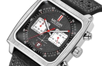 MEGIR Monaco Chronograph Calibre 12 Men’s Luxury Quartz Leather Strap Watch BLAK