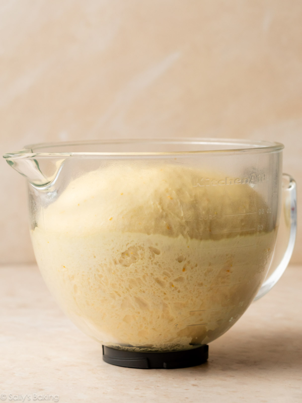 dough risen in glass bowl.