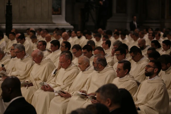 Clergy are assembled for the Easter Vigil at St. Peter’s Basilica, Saturday, April 19, 2025. Credit: Zosia Czubak