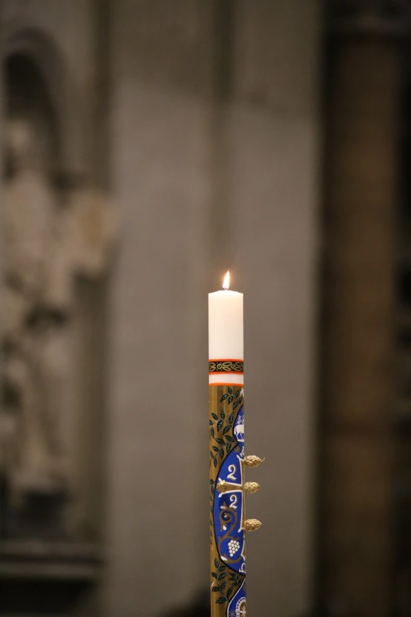 The Paschal Candle is seen during the Easter Vigil at St. Peter's Basilica, Saturday, April 19, 2025. Credit: Zosia Czubak