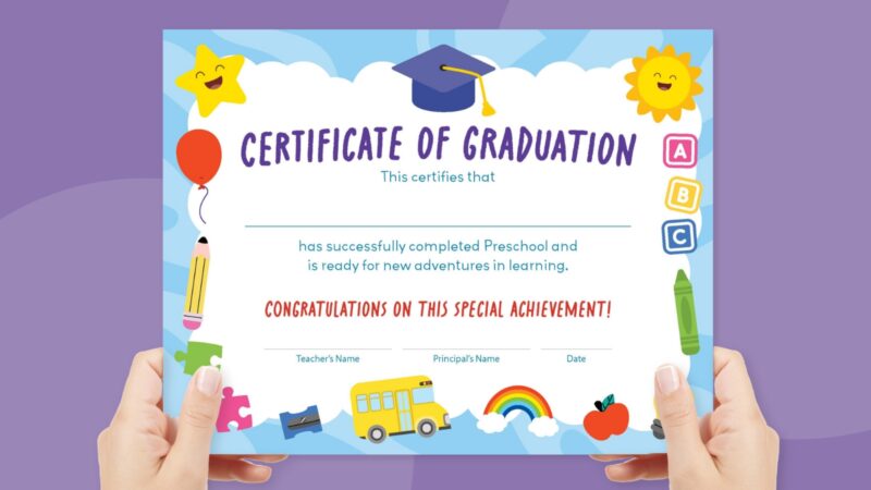A printable diploma is shown that says Certificate of Graduation in big letters. The border includes a graduation cap and cartoon pencils, puzzle pieces, balloons, a sun, a school bus. There is other text and room to include student names.