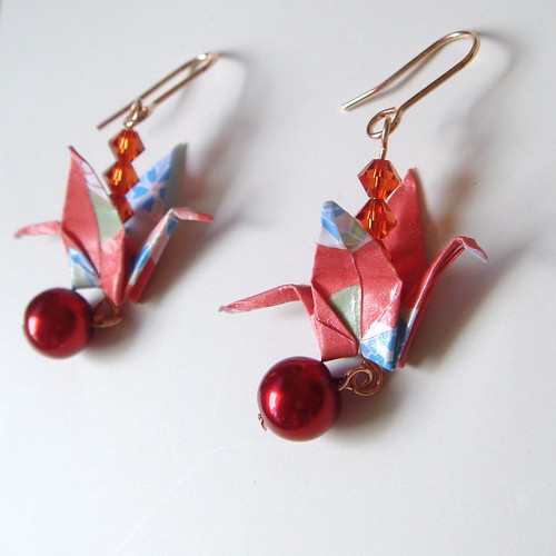 Paper Crane Dangle Earrings, Red Fire Bird