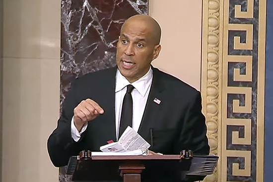 In this image provided by Senate Television, Sen, Cory Booker, D-N.J. speaks on the Senate floor, Tuesday morning, April 1, 2025. (Senate Television via AP)