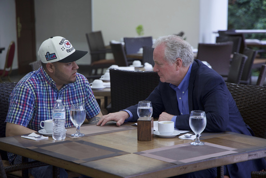 Maryland Sen. Chris Van Hollen, right, speaks with Kilmar Abrego Garcia, a Salvadoran citizen who was living in Maryland and deported to El Salvador by the Trump administration, in a hotel restaurant in San Salvador, El Salvador, Thursday, April 17, 2025. (Press Office Senator Van Hollen, via AP)