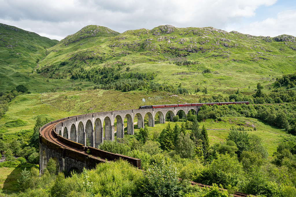 Jacobite steam train (Hogwarts Express) crossing the Glenfinnan Viaduct