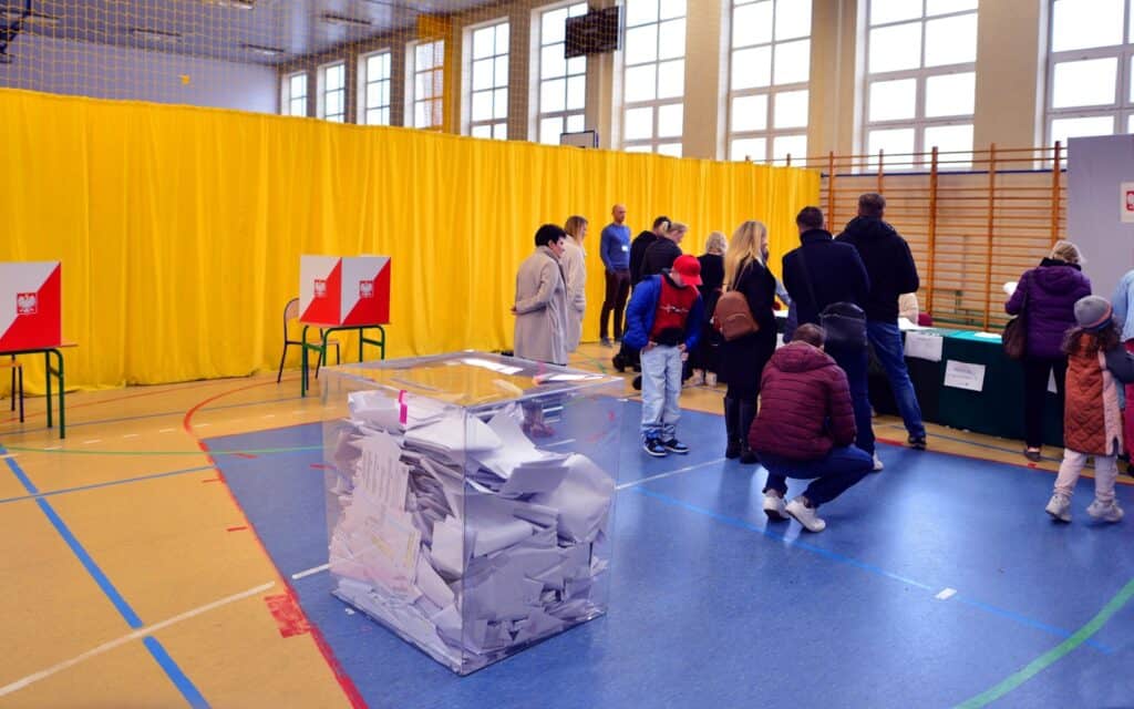 Warsaw, Poland 15 October 2023. Parliamentary elections in Poland. The process of voting at a polling station.