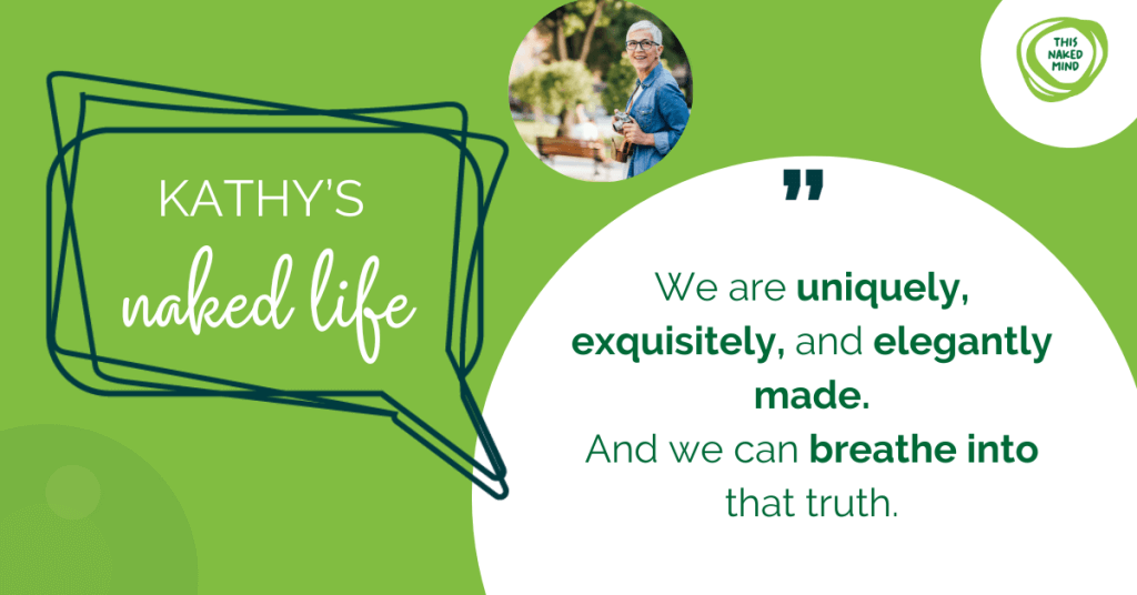 why am I drinking more as I get older - Kathy's Naked Life - older caucasian woman in glasses with a camera around her neck smiling - (c) 2025 This Naked Mind - We are uniquely, exquisitely, and elegantly made.
And we can breathe into that truth.