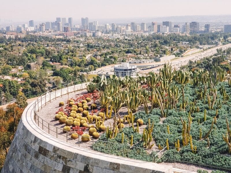 Getty Museum gardens with LA skyline in background