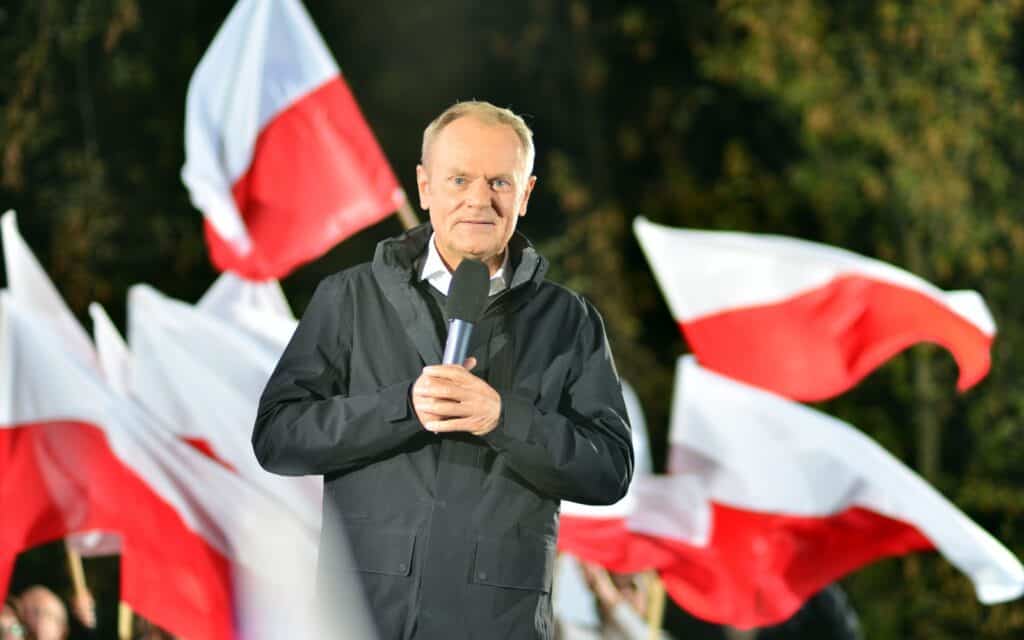 Warsaw, Poland. 9 October 2023. Donald Tusk speaks at an election rally after a televised debate on government television at the end of the campaign.