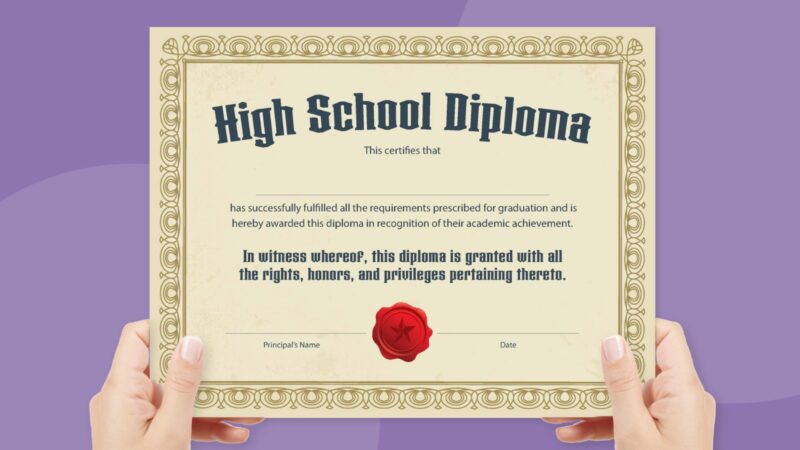 A beige background features large text that says High School Diploma. There is a space for the graduate's name as well as several paragraphs of text. A red seal appears in the middle on the bottom. 