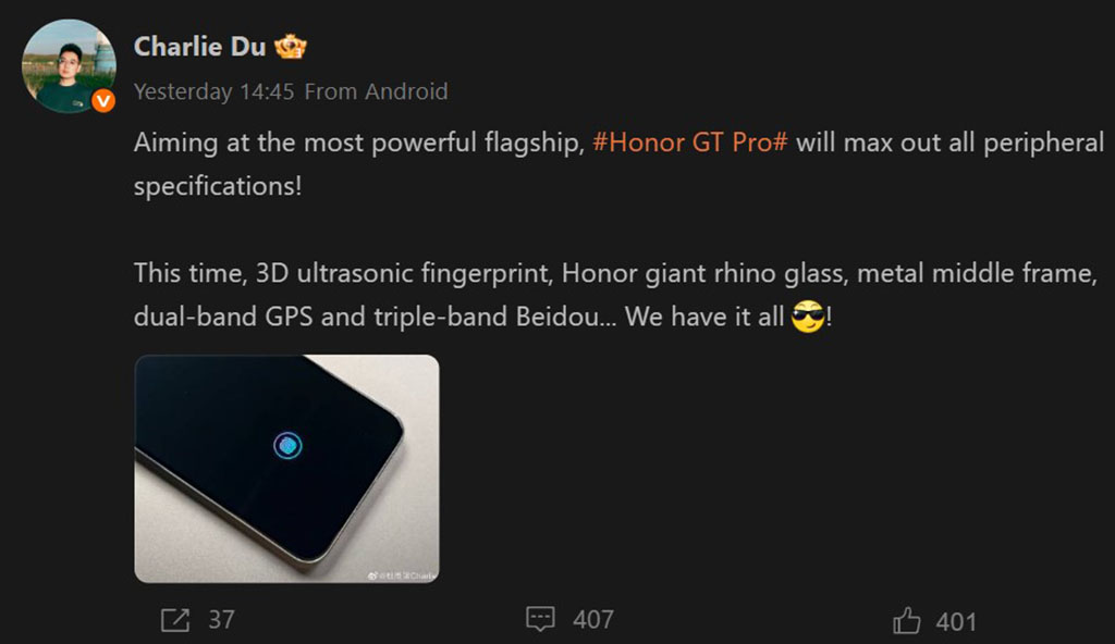 Honor GT Pro smartphone to feature 3D ultrasonic fingerprint sensor
