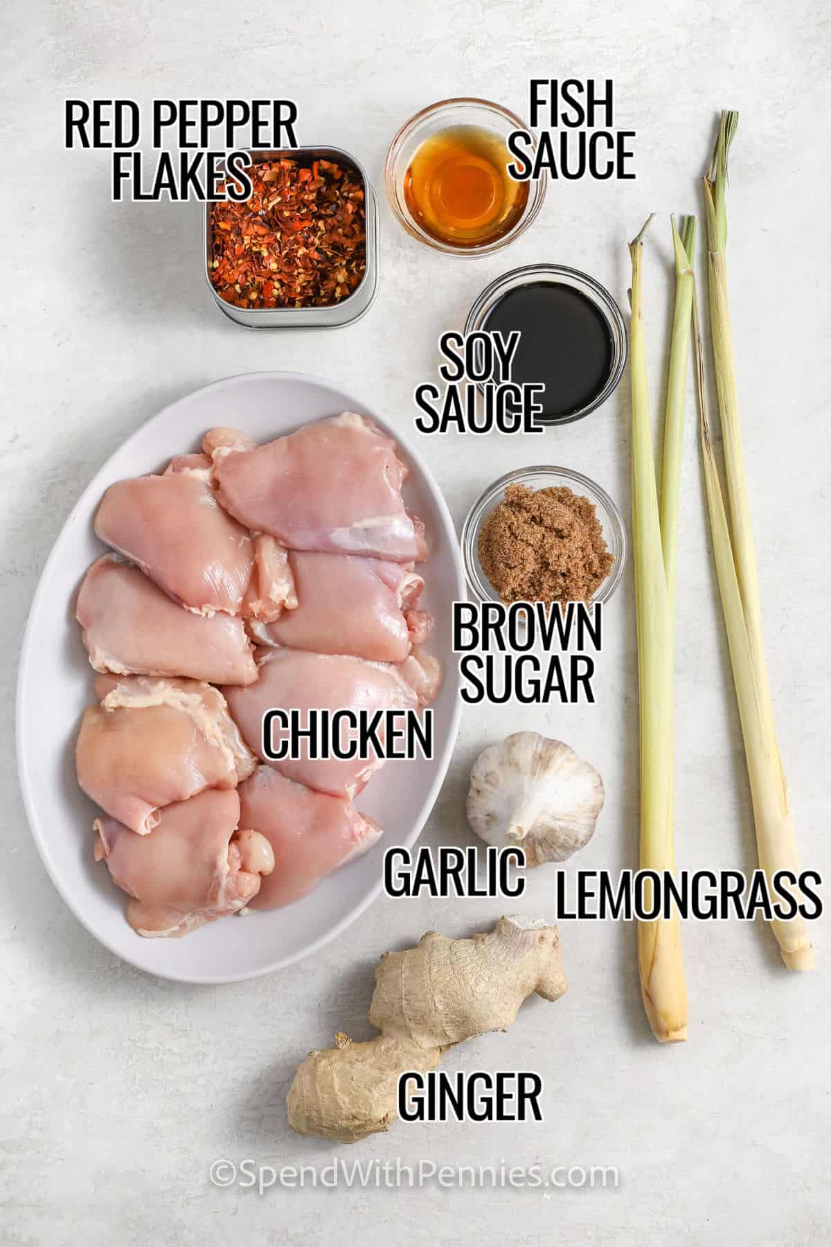 red pepper flakes , fish sauce , soy sauce , brown sugar , lemongrass , ginger , garlic and chicken with labels to make Lemongrass Chicken