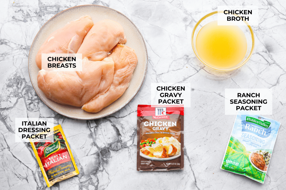 You guys can't get enough of my 3 packet roast, so it's time for a new version, 3 Packet Crockpot Chicken! It takes just 5 minutes to prep and comes out juicy, tender, and full of flavor. Image of ingredients with labels.