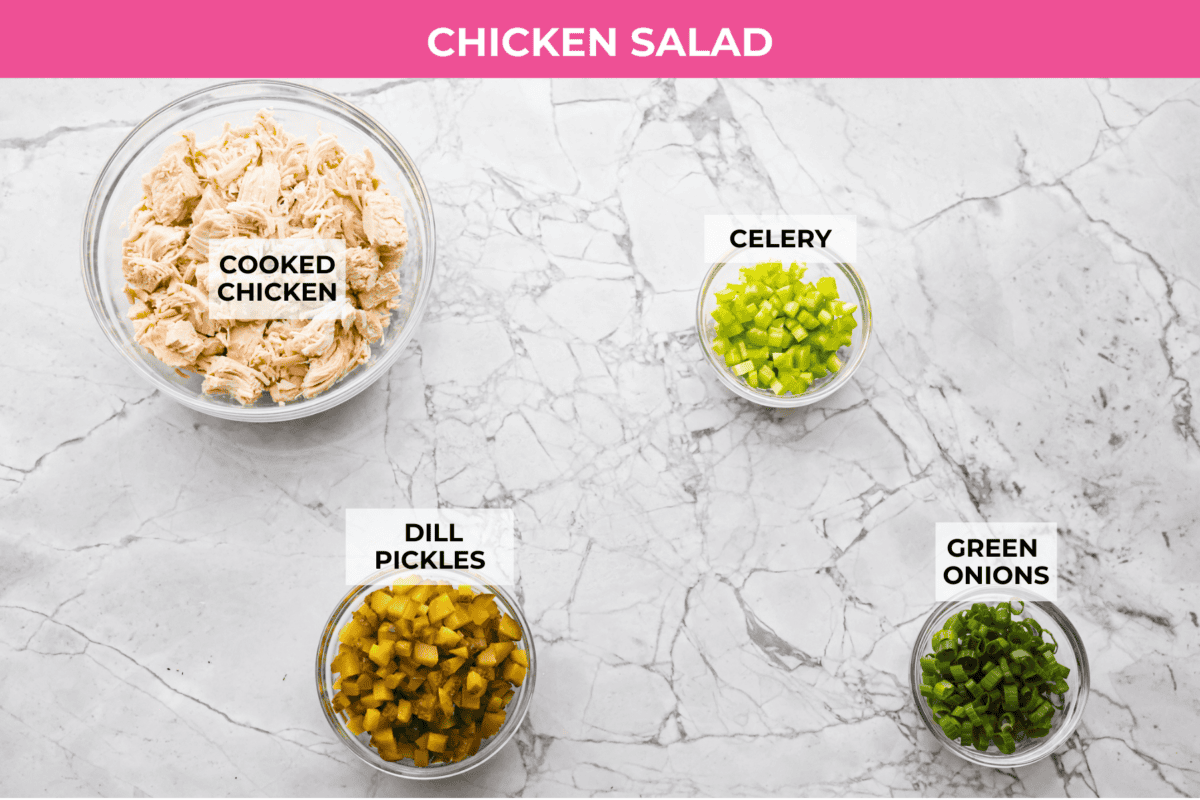 Overhead shot of labeled chicken salad ingredients. 