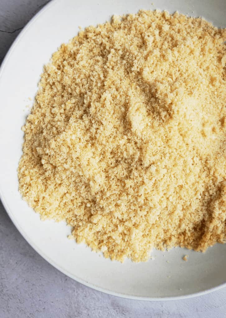 The crispy coating in a white bowl.