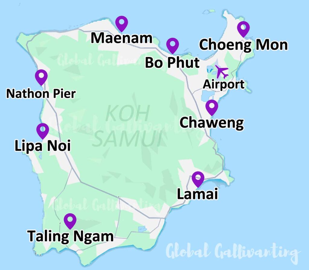 Koh Samui map of areas and beaches