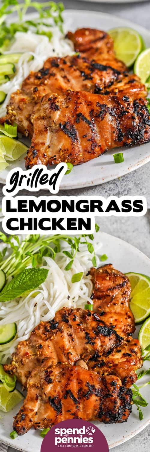 Lemongrass Chicken on a plate and close up with a title