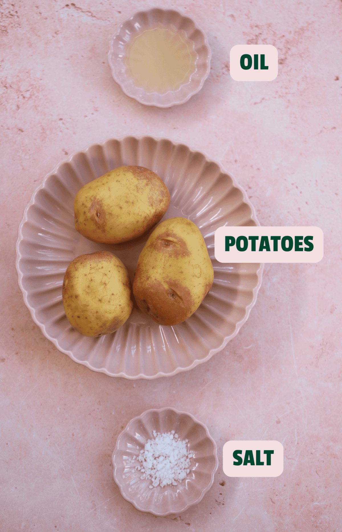 The three ingredients needed for air fryer chips with text labels.