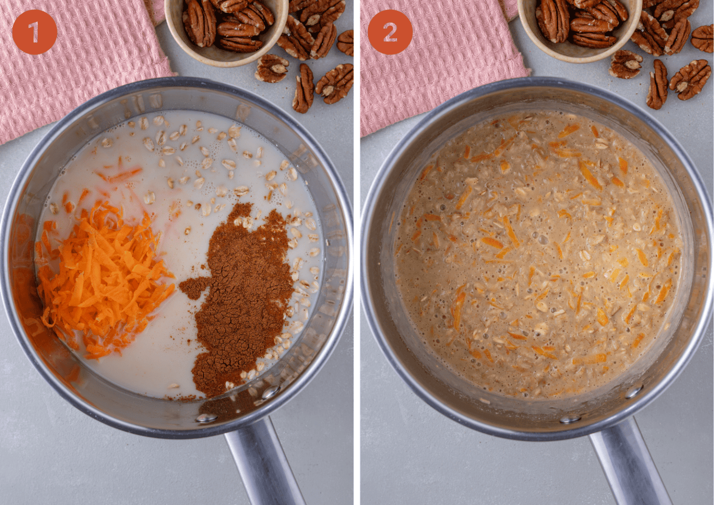 Mixing together the ingredients for carrot cake porridge in a saucepan.
