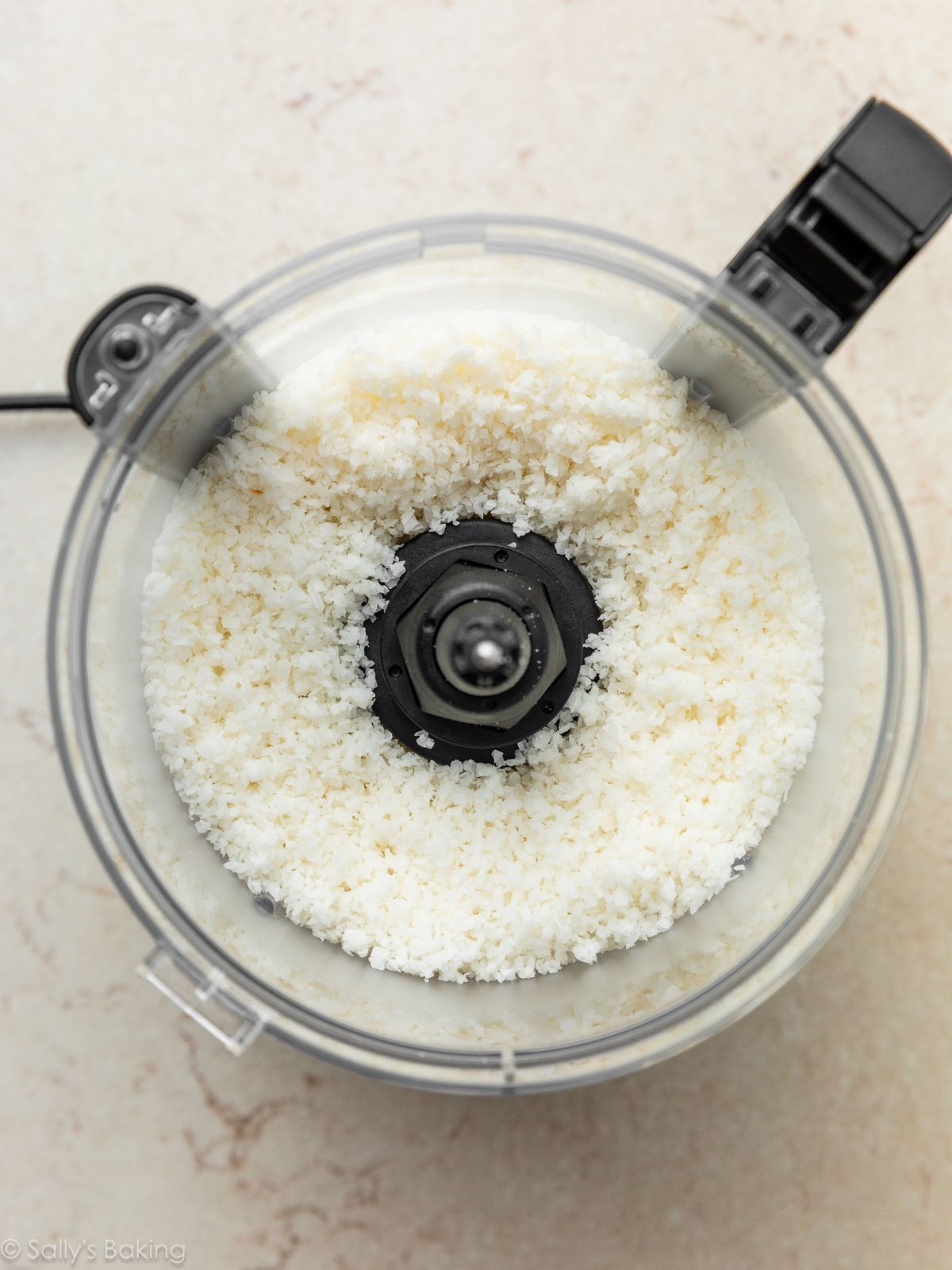 pulsed coconut in food processor bowl.