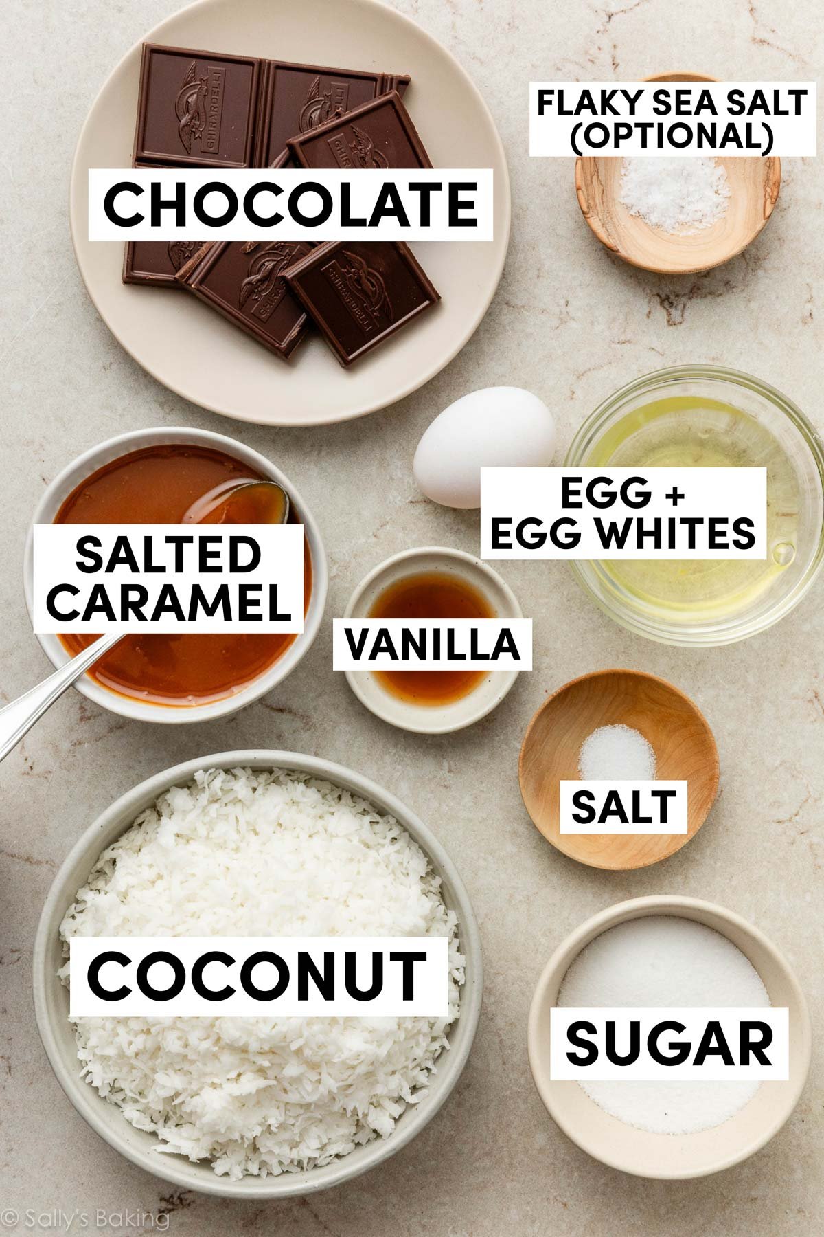 ingredients measured out including egg whites, salt, sugar, vanilla, salted caramel, and chocolate.