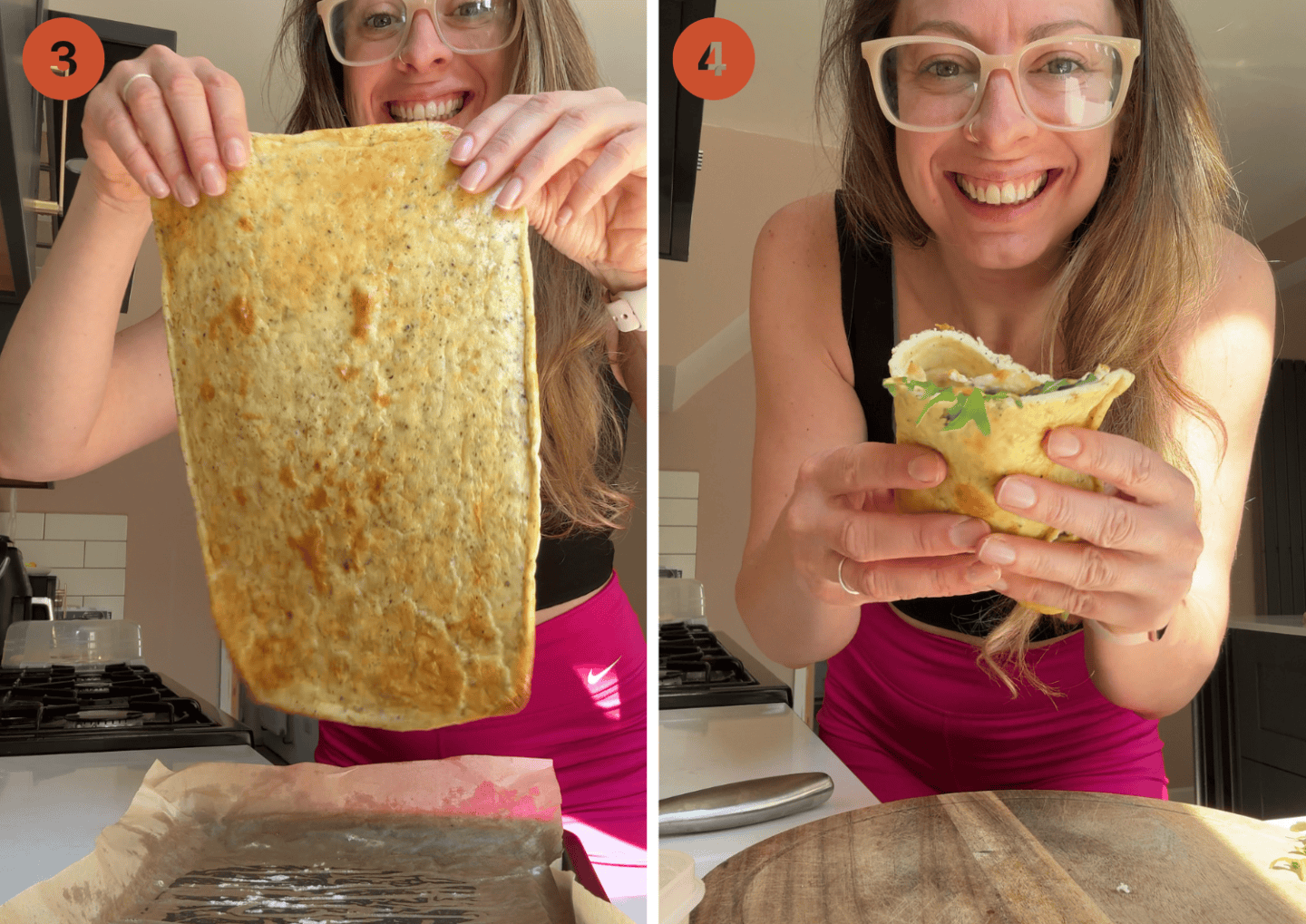Recipe post author Sarah Howells holding up a cooked cottage cheese flatbread and (right) a folded flatbread with chicken and salad.