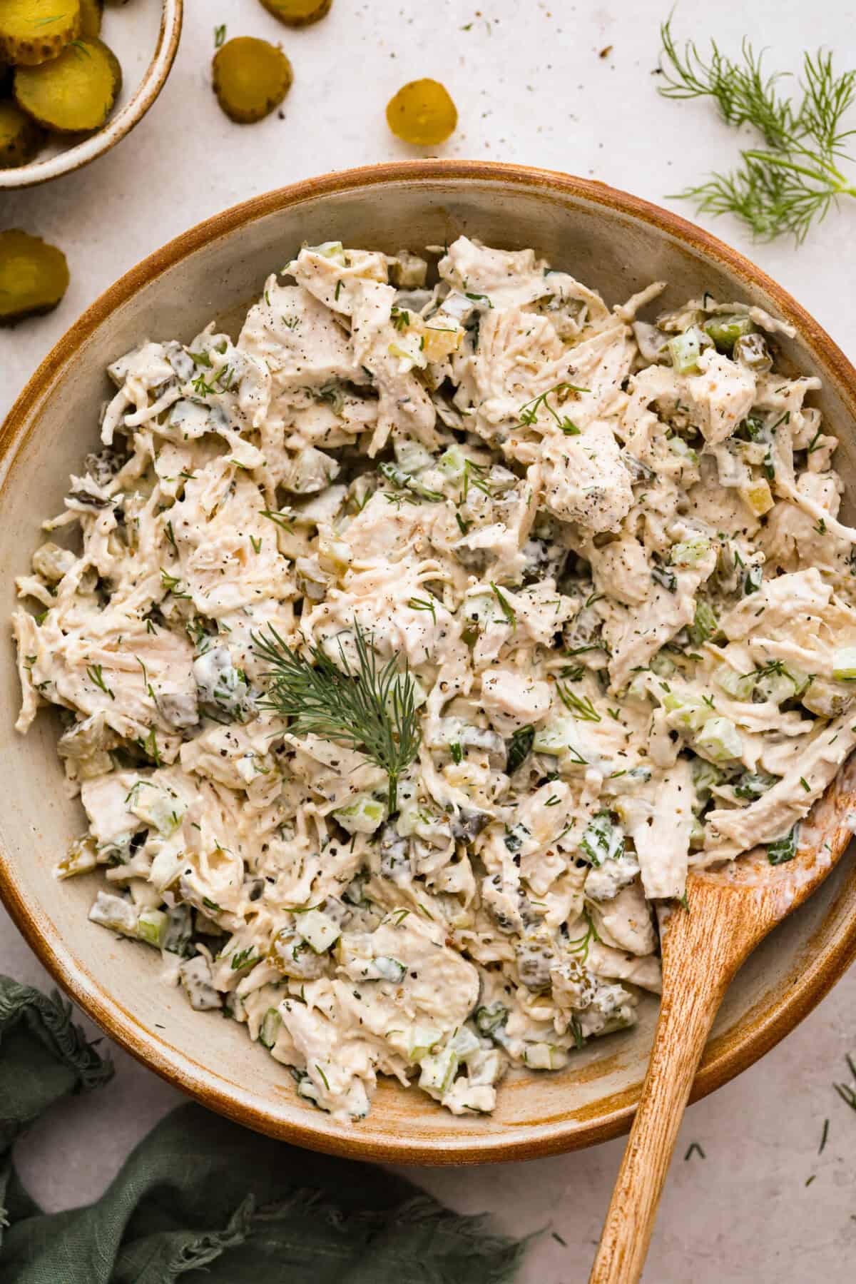 Serving bowl filled with dill pickle chicken salad. 