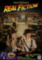 Magicians Richard Vegas and Pierre Haag stand in the centre aisle of the warehouse from Indiana Jones, in their hero poster for their mindreading and magic show "Real Fictions"