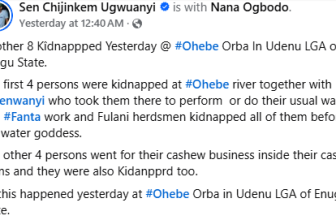 Priestess and worshippers abducted by gunmen while performing rituals for water goddess in Enugu river