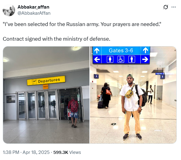 Nigerian ex-soldier seeks prayers as he relocates to join the Russian Army